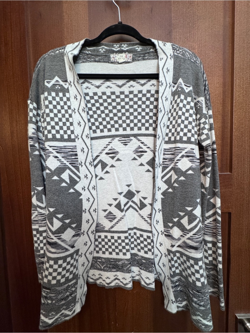 Gray & White Geometric Open-Front Women’s Cardigan Sweater